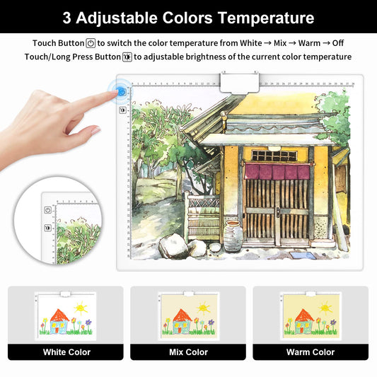 QENSPE A3 Wireless Light Table, LED Light Pad Light Box for Kids with Battery, 3 Color Modes and 6 Brightness Levels, Fully Dimmable, Lightbox with Stand and Magnetic Clip, Diamond Painting Accessories.