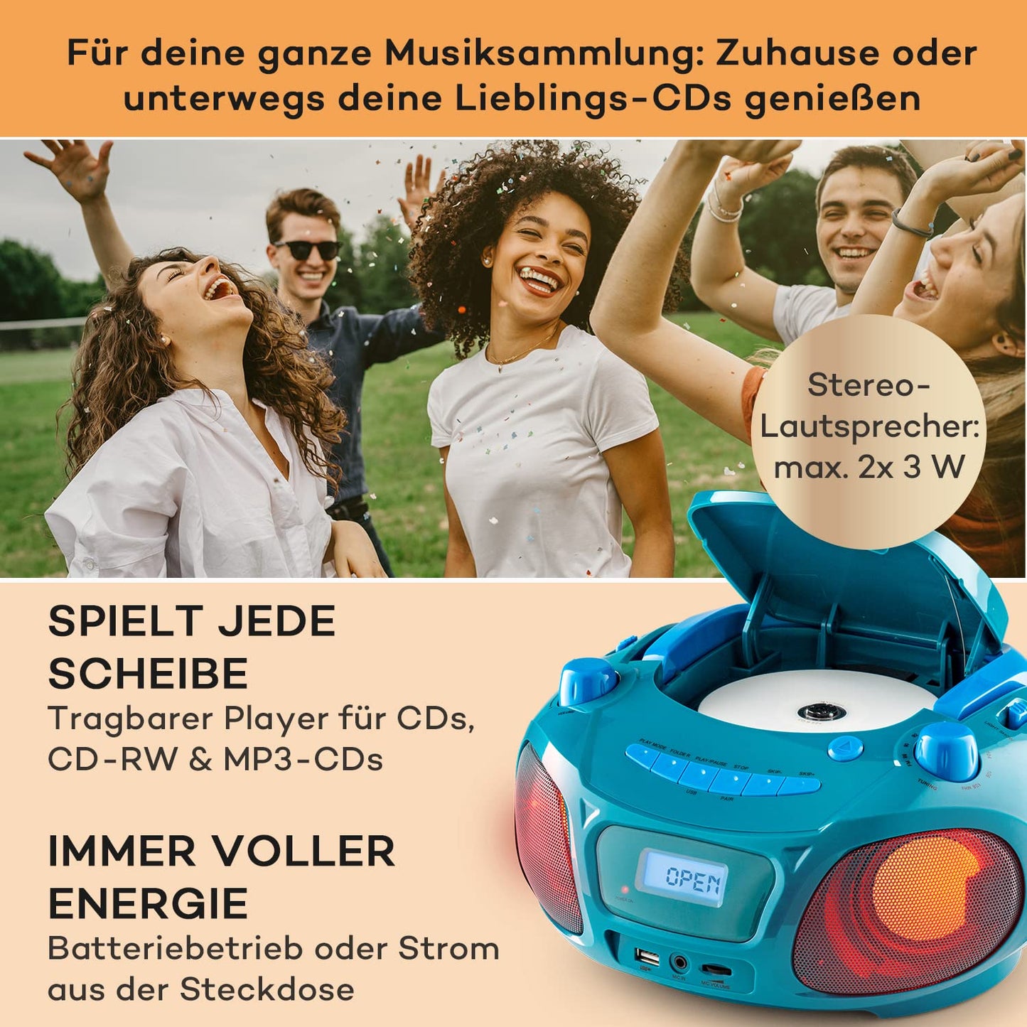 Auna portable radio for kids with CD player, microphone, and USB, 3W boombox with Bluetooth function, AUX/FM radio portable with LED display, MP3, 5.0 streaming, CD-radio for girls and boys.