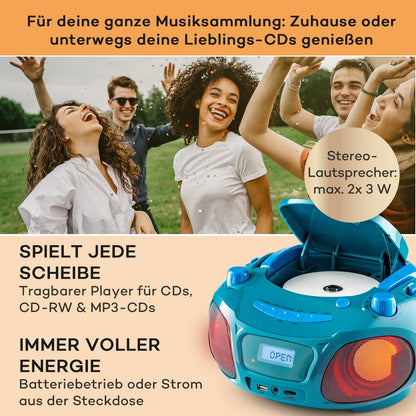 Auna portable radio for kids with CD player, microphone, and USB, 3W boombox with Bluetooth function, AUX/FM radio portable with LED display, MP3, 5.0 streaming, CD-radio for girls and boys.