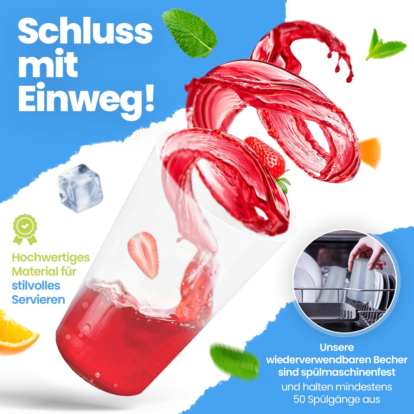 Drinking light® 25 reusable cups | Reusable drinking cups 0.3L | Shatterproof | Dishwasher safe | Party cups plastic cups reusable | Plastic cups in transparent
