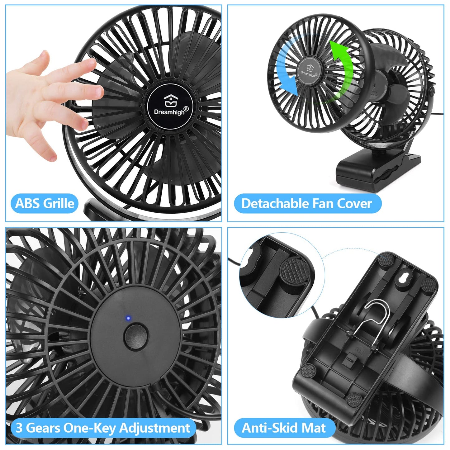 Dreamhigh® Mini USB Fan, 360° Rotatable Portable Clip Fan, 3 Speeds, Quiet Desk Fan for Desktop, Home, and Office, Black (USB Powered)