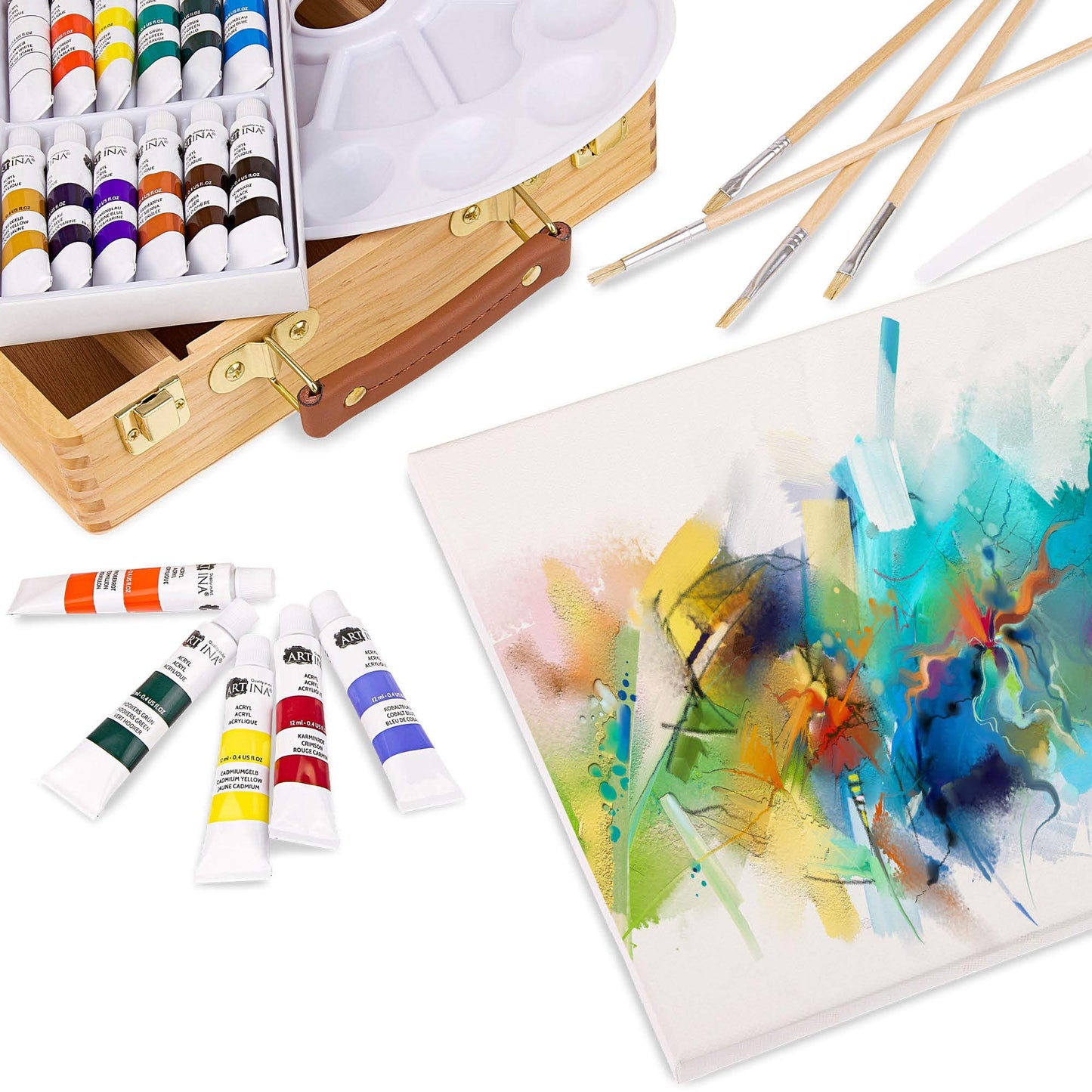 Artina 28 piece painting set Florence in a painting case - Acrylic paint set with portable easel - 18x 12ml acrylic paint, canvases, brushes & more - Premium wooden easel painting set for beginners & hobby artists.