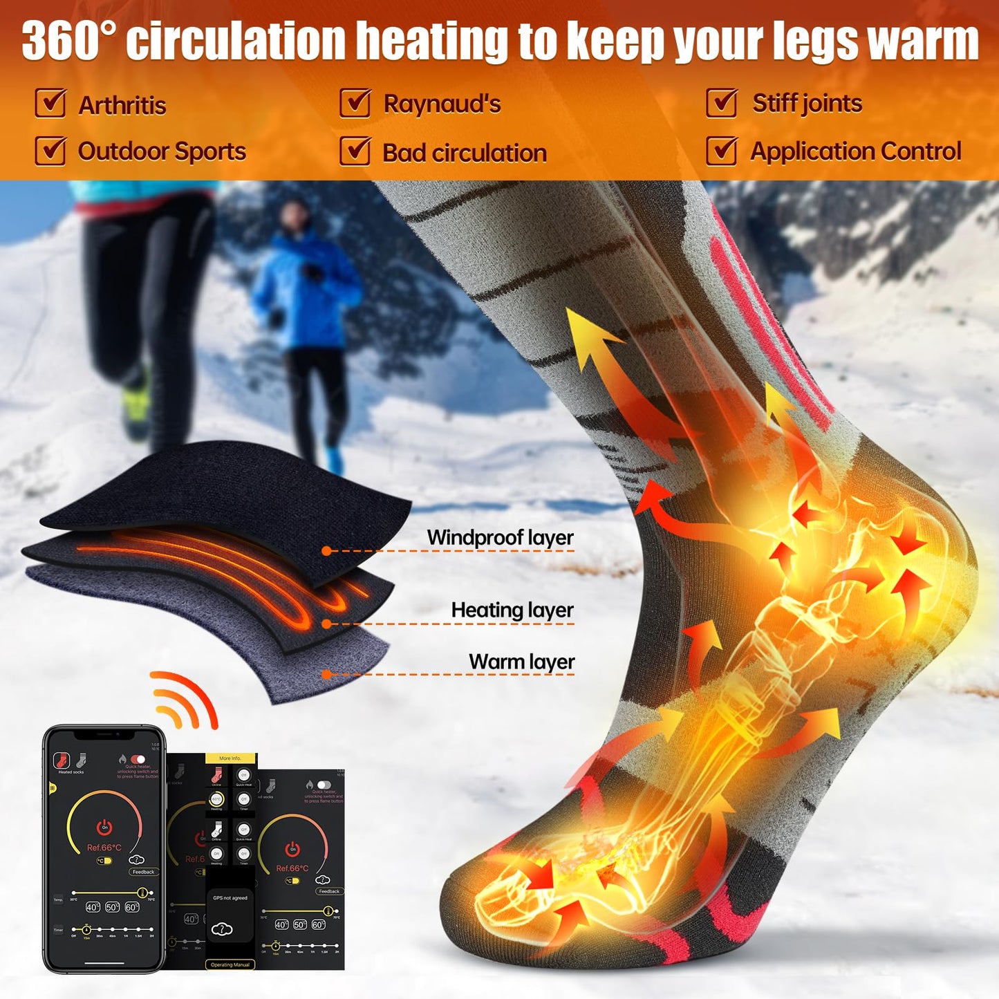 Electric heating socks, 5000mAh rechargeable heated socks with 3 heat settings and APP remote control. 2022 battery heated socks for men and women for hiking, camping, skiing, hunting.