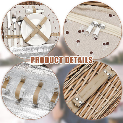 Two-person picnic basket with blanket - willow picnic basket with strap, wine bag, two-person willow picnic set with insulated cooler, willow basket with cutlery set, beige.