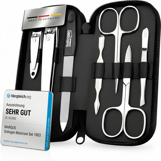 Manicure Set Solingen - Bestseller with top price/performance ratio - Genuine leather case handy and soft - 7-piece nail set for women and men marQus made of glossy nickel-plated polished steel