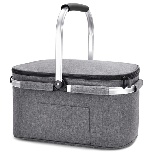 ALLCAMP Large Foldable Insulated Cooler Bag - Shopping Basket With Lid, Detachable Picnic Basket for 2, Aluminum Frame Cool Basket, Thickened Thermal Basket - With 2 Ice Packs
