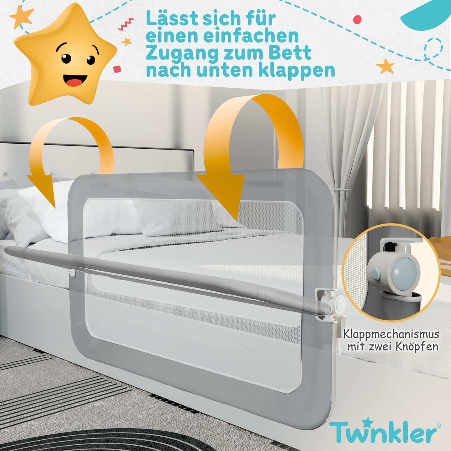Twinkler Bed Guardrail - 150 cm Guardrail - Bedrail Guard for Kids - Kids Bed Rail - Bed Rail for Children - Child Bed Guardrail