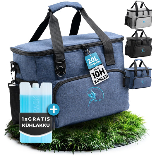 Obic's small 20l cooler bag with cool pack, foldable lunch box - thermal insulated picnic bag in blue for beach, work, car & lunch - insulated food bag for on the go.
