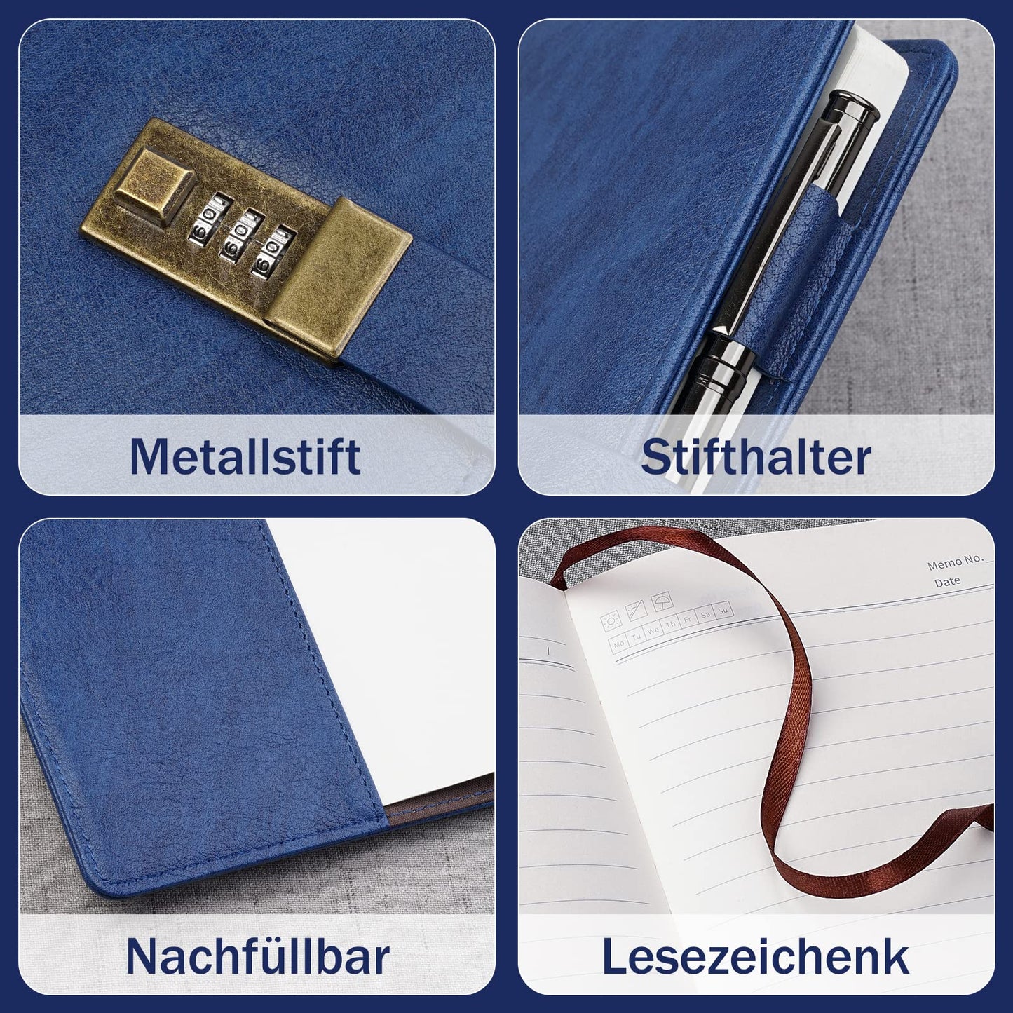 WEMATE Diary with Lock, A5 PU Leather Journal with Lock 240 Pages, Vintage Lock Journal with Pen & Gift Box, Lockable Diary for Women & Men, 8.6x5.8in (Blue)