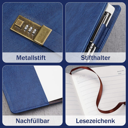 WEMATE Diary with Lock, A5 PU Leather Journal with Lock 240 Pages, Vintage Lock Journal with Pen & Gift Box, Lockable Diary for Women & Men, 8.6x5.8in (Blue)