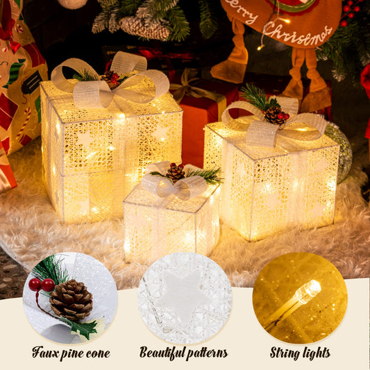 GIGALUMI LED Gift Box 3-Piece Set Christmas, 8 Modes 60 LED Glow Christmas Box, String Lights Lightbox with Plug for Indoor, White Christmas Decoration Xmas Decor Warm White