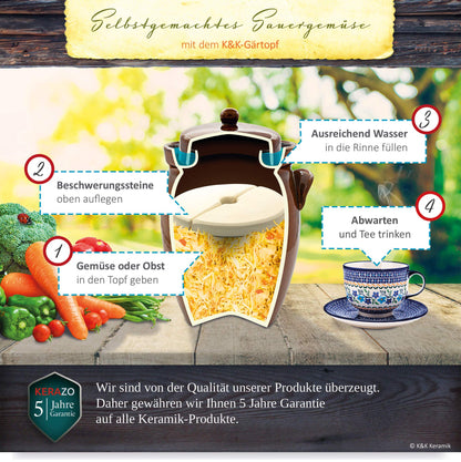 KERAZO Garden pot 7 liters made of stoneware ceramics including lid + stone + instructions [Form 2] BROWN - Cucumber pot Insert pot Rum pot Fermentation