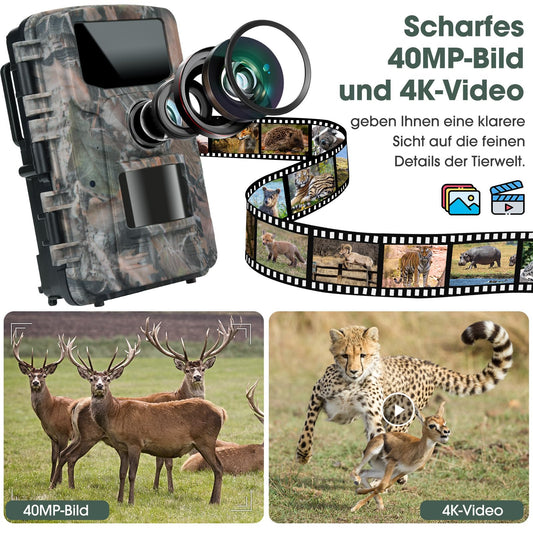 Nigecue 4K 40MP wildlife camera with motion sensor night vision, 32GB memory card, 0.2s trigger speed, IP66 waterproof 120° wide angle for wildlife monitoring.