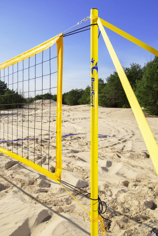 RomiSport set for volleyball: beach volleyball complete set with net, posts, courtline field markings. 8.5m volleyball net for outdoor beach grass park venues.
