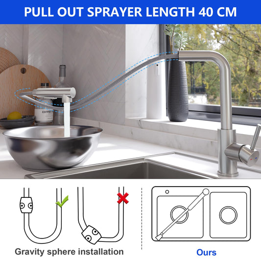 Pull-down kitchen faucet, YUANNY high-pressure kitchen faucet with pull-out spray, single lever mixer tap for kitchen with 2 spray modes, kitchen sink faucet 360° swivel, stainless steel kitchen tap 304.