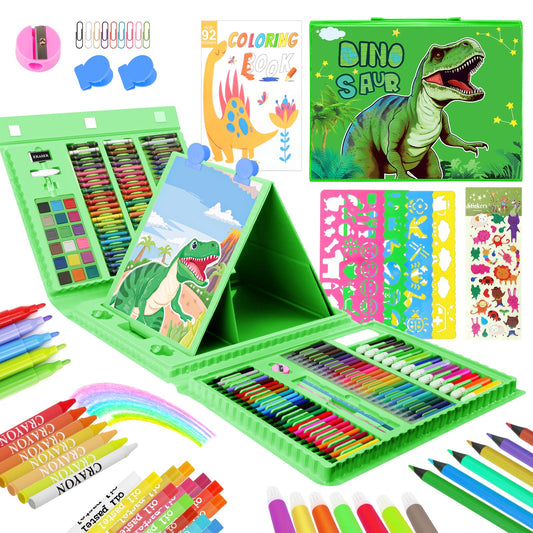 TCJJ 208Pcs Dinosaur Painting Set for Kids, Boys Art Kit with Dinosaur Coloring Book, Oil Pastels, Colored Pencils, Crayons, Art Case for Kids, Dinosaur Gifts for Boys Ages 3-12.