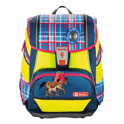 Step by Step School Backpack Set 2IN1 DIN "Horse Family" 4 pieces, blue-red, horses, ergonomic backpack with reflectors, adjustable height with hip belt for girls from 1st grade, 19L