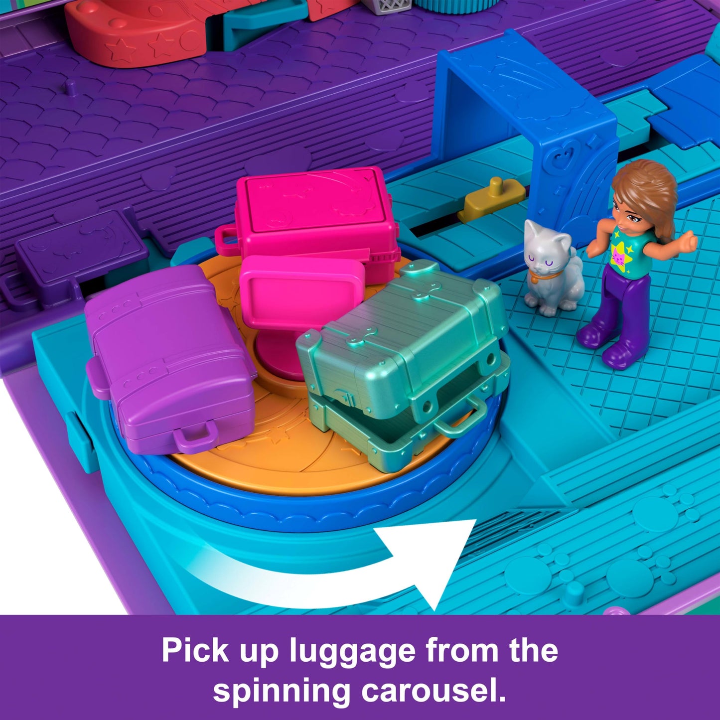 Polly Pocket dolls and playset, Kitty Airways airplane, travel toy with 2 small dolls and animal, rotating stage and accessories, HWP19