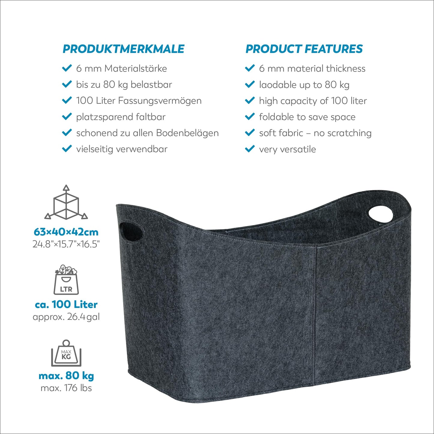 Rubberneck XXL felt wood bag – storage for firewood, newspapers – 63 x 40 x 42 cm (Anthracite)