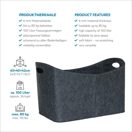 Rubberneck XXL felt wood bag – storage for firewood, newspapers – 63 x 40 x 42 cm (Anthracite)