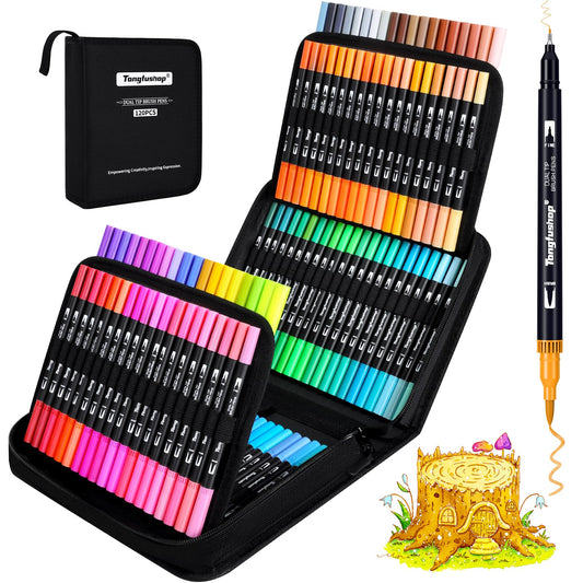 Tongfushop Brush Pen Set, 120 colors 1-5mm/Fineliner 0.4mm felt-tip pens Thick and Thin for kids and adults, Dual Tip Brush Pens Watercolor Markers for Bullet Journal, Coloring Books, Hand lettering