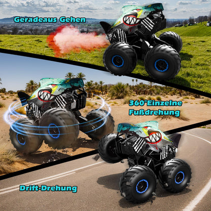 Remote control car, 1/16 monster truck with stomp and 360° rotation, Shark monster truck remote controlled with spray, lights, music, 15KM/H RC monster truck with 40MIN playtime, gift for 3 6 8 10 year old boys.