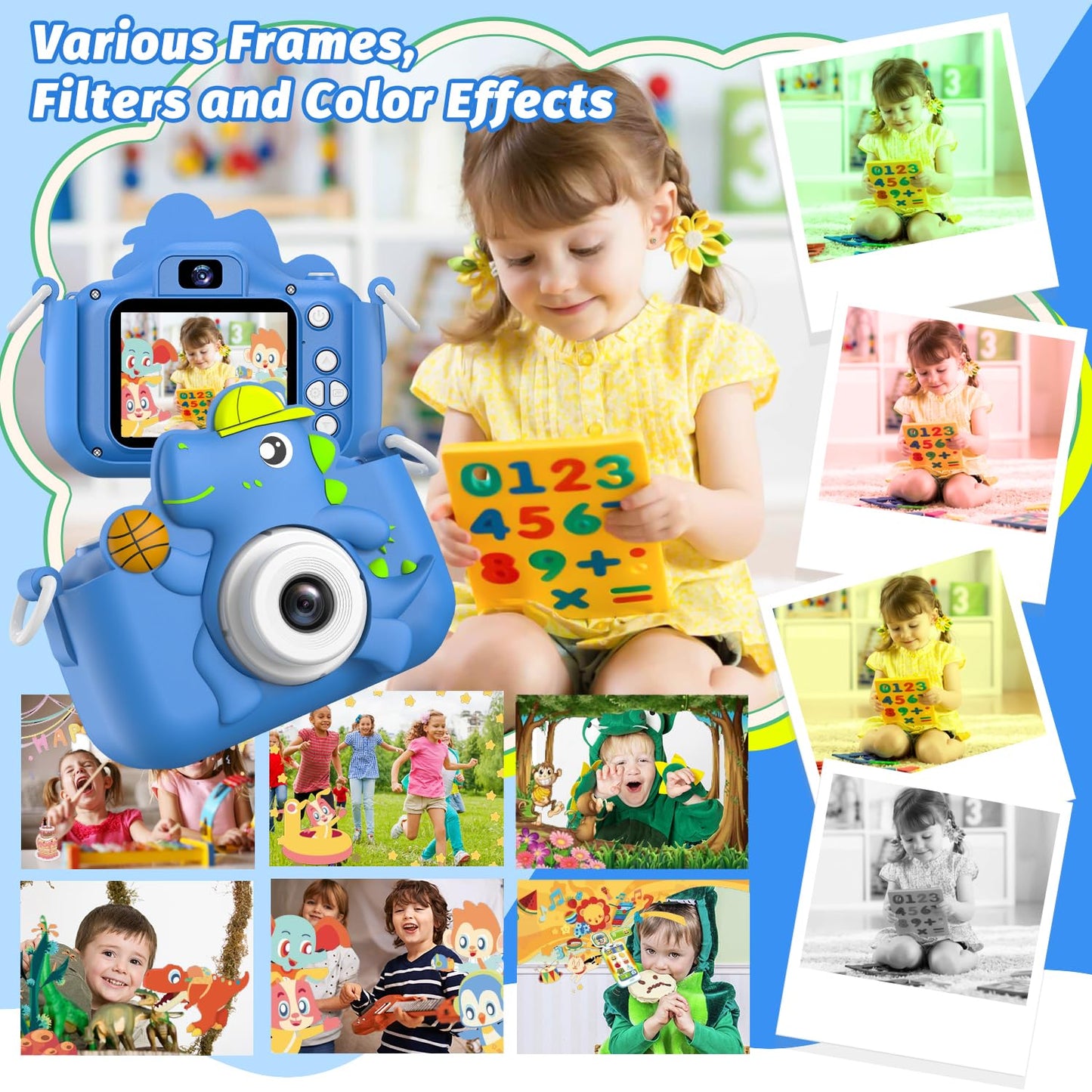 Children's camera, masterbee digital camera dinosaur toy, Christmas/birthday gifts for kids, 1080P HD kids camera, children's toy/gift boy/girl gifts 3-12 years old Blue