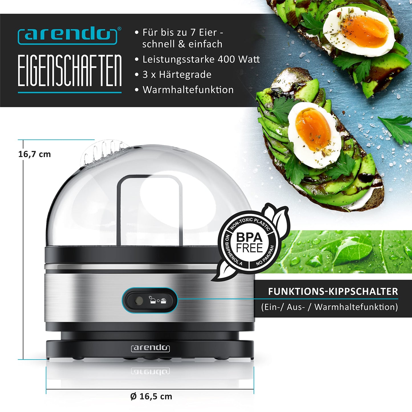 Arendo Sevencook egg cooker 400 W - stainless steel design - cooks 1-7 eggs - on/off switch - 3 cooking levels - keep warm function - signal tone - BPA-free - silver