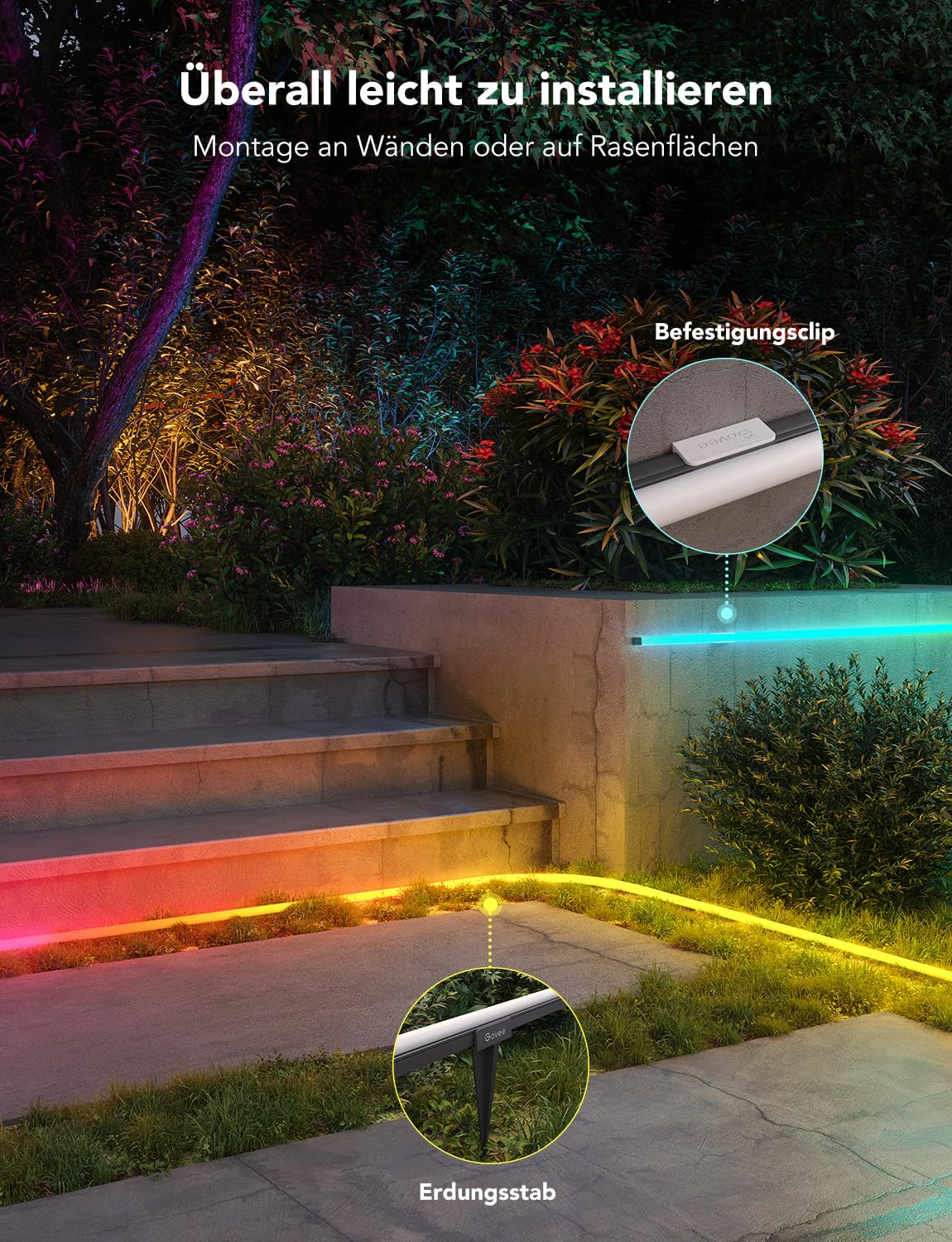 Govee Outdoor Neon LED Strip 10m, RGBIC LED strip with 64+ scene modes, Music Sync, works with Alexa and Google Assistant, IP67 waterproof ground lights for garden wall and floor decoration.