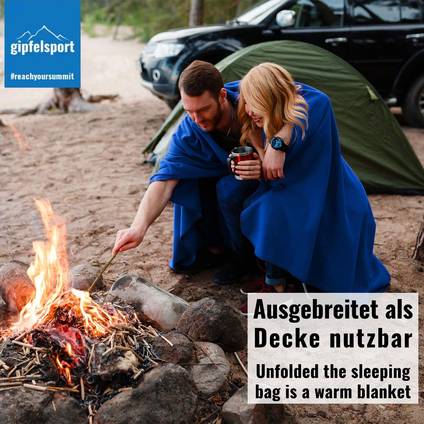 Summit sports microfiber fleece blanket with sleeping bag function I Size 185 x 150cm, 690g I Microfiber camping blanket sleeping bag I blue