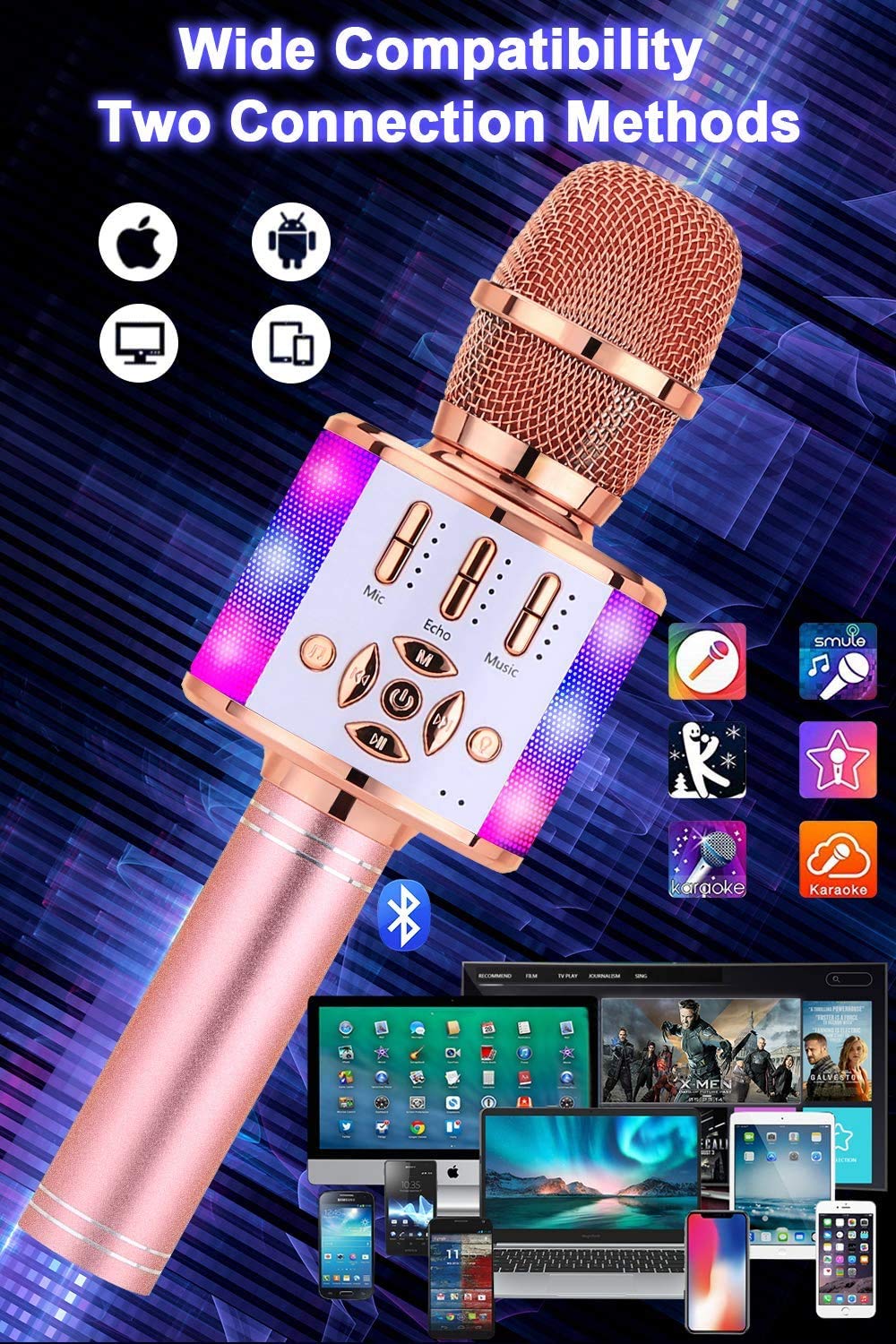 BONAOK 4 in 1 Wireless Portable Karaoke Microphone Speaker, LED, Kids, Home KTV Karaoke Device, compatible with iOS Android Bluetooth devices (Rose Gold)