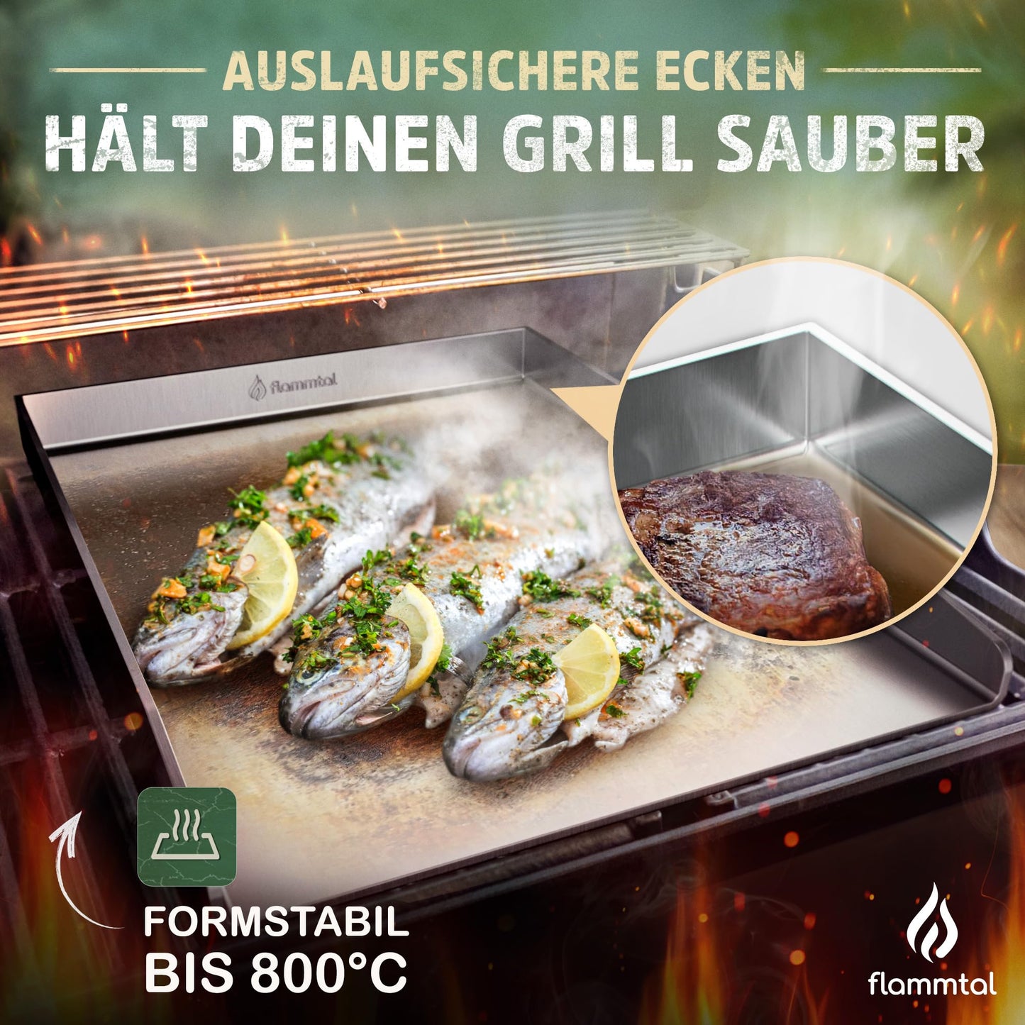 flame valley - Plancha Grill Plate [30x40 cm] - Stainless steel grill plate with spatula set & 20 burger paper - Solid 4mm stainless steel grill plate for gas grill.