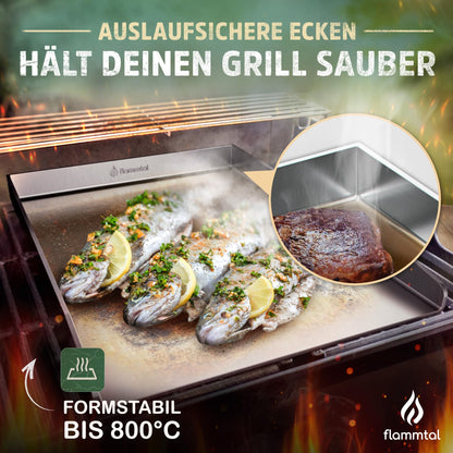 flame valley - Plancha Grill Plate [30x40 cm] - Stainless steel grill plate with spatula set & 20 burger paper - Solid 4mm stainless steel grill plate for gas grill.