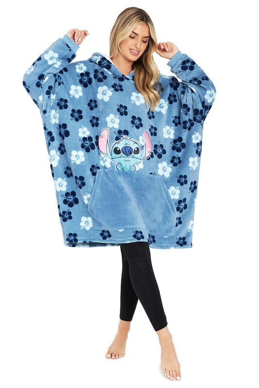 Disney Stitch Hoodie for Women Oversized Hoodie Blanket with Sleeves Sherpa Soft Warm and Cozy Gifts for Women Teenagers (Blue Flowers Stitch)