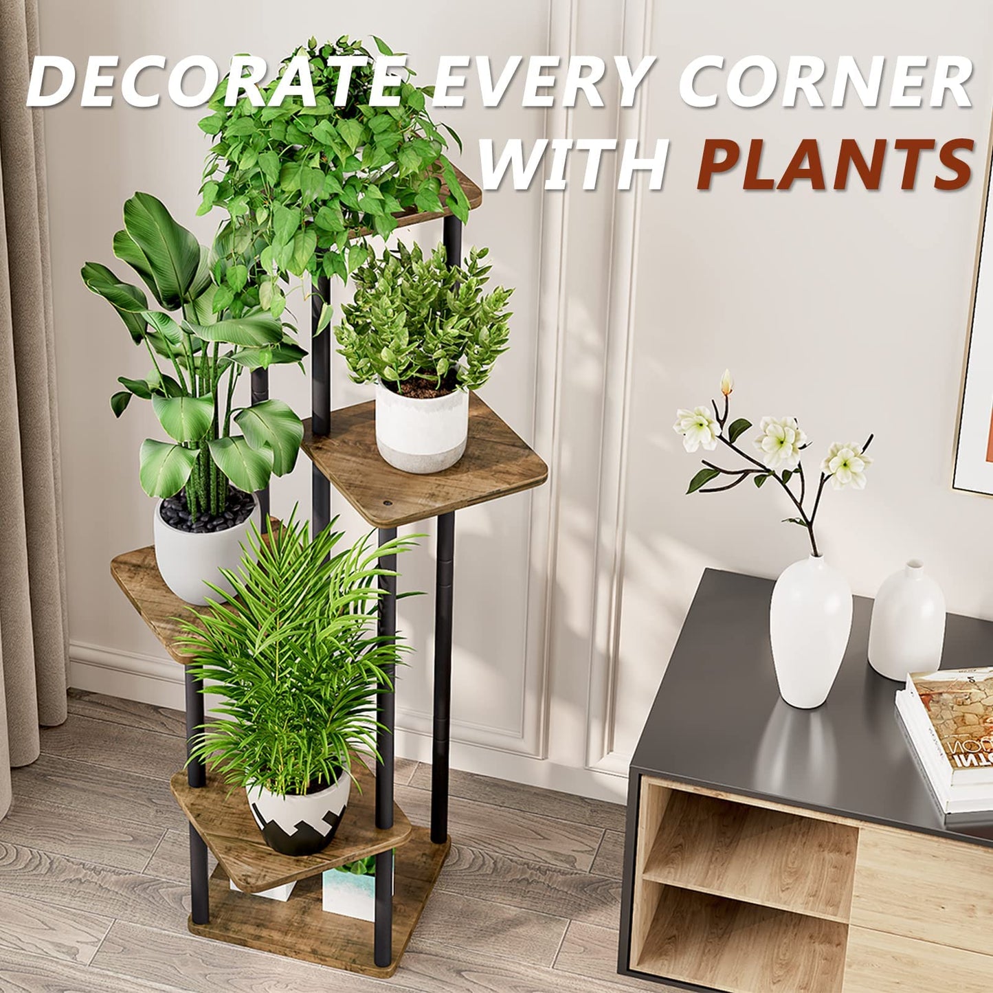 VASZOLA 5-Tier Wooden Flower Rack Plant Stand, Multi-layer Flower Shelf Plant Holder Flower Bench Flower Staircase Plant Staircase Stand Shelf for Indoor Garden Balcony Decor (Black)