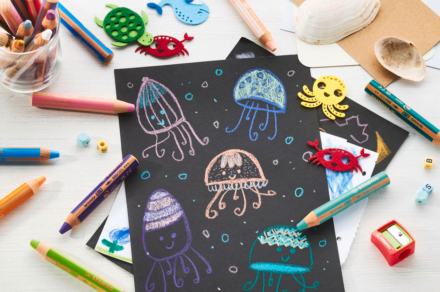 STABILO - Colored pencil, watercolor & wax crayon - woody 3 in 1 - Birthday Edition - 10 pack with sharpener - 10 colors