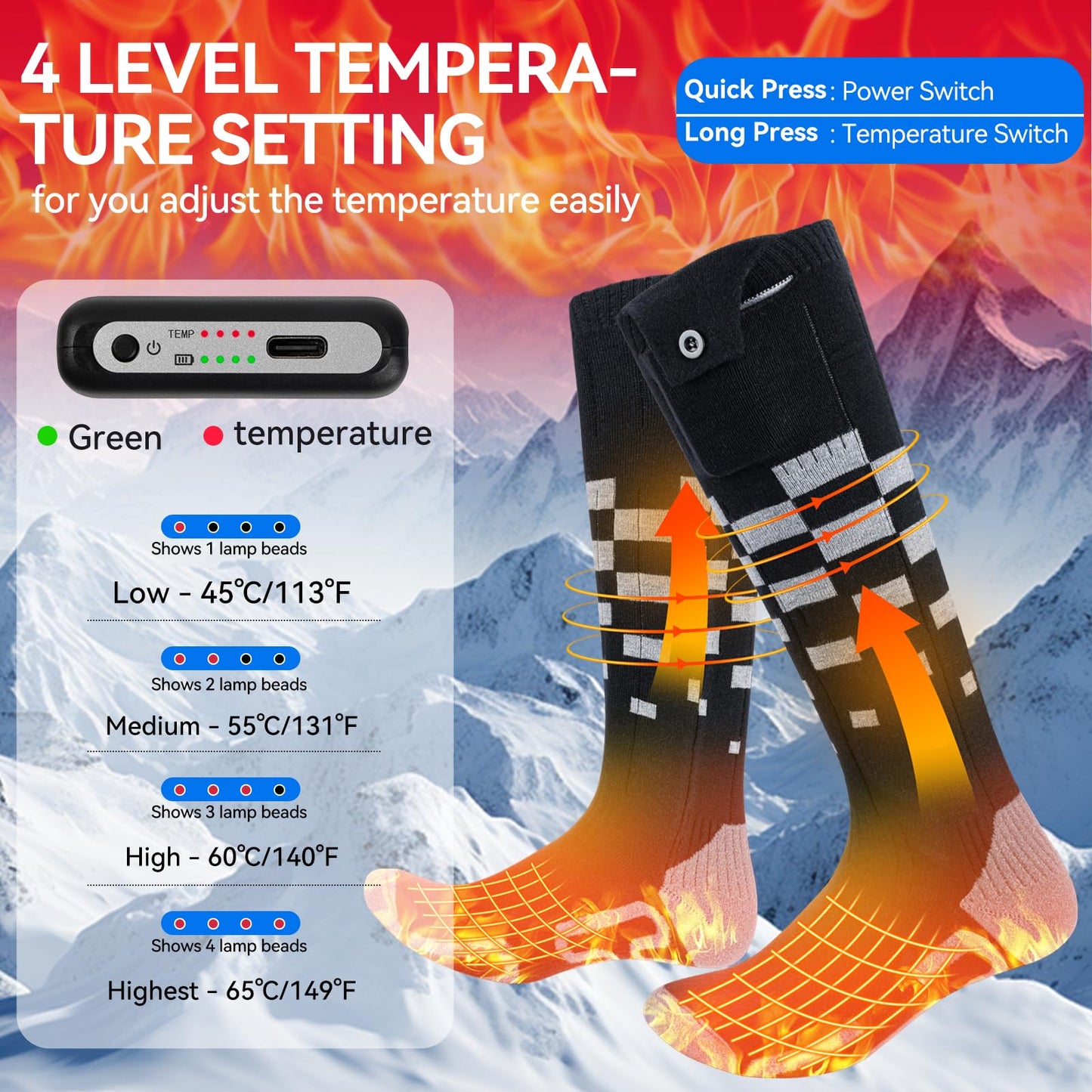 Olycism Heated Socks 6000mAh Rechargeable Electric Heated Socks for Men and Women 4 Heat Settings Outdoor Riding Camping Hiking Motorcycling Skiing Warm (S)