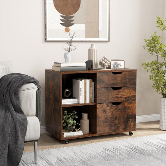 GOPLUS rolling file cabinet, mobile filing cabinet with 5 wheels, 3 drawers, and 2 open compartments, side cabinet printer stand for documents in A4, letter, & legal size (Rustic Brown)