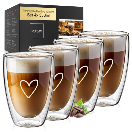 ElbFuchs® Latte Macchiato glasses double-walled [4x 350ml] GIFT IDEA with HEART | Crystal clear thermal glasses double-walled | Ideal for cappuccino glasses | Coffee glasses | Tea glasses