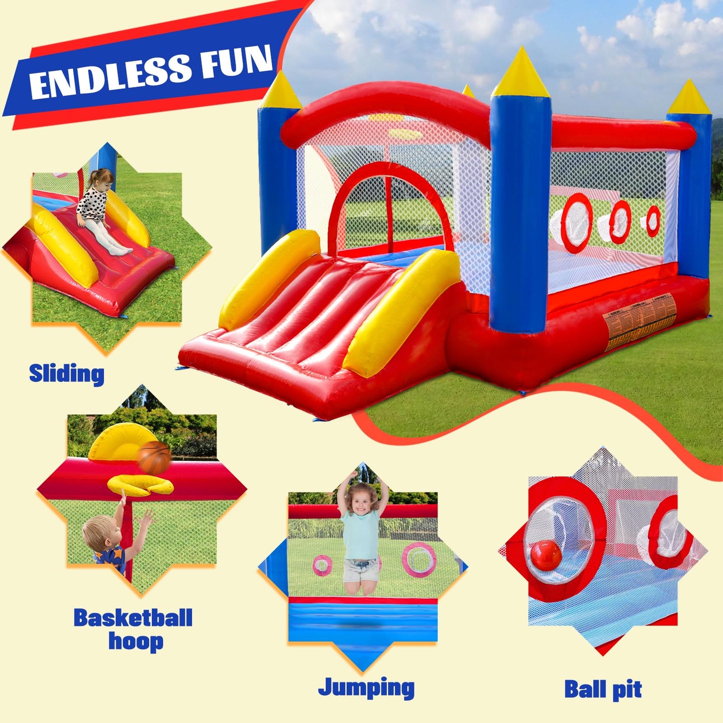 Ballsea PVC Inflatable Bounce House with blower, trampoline, slide, safety net. Made of PVC, suitable for home, outdoor, kindergarten, or commercial use. Size: 365 * 283 * 195cm.