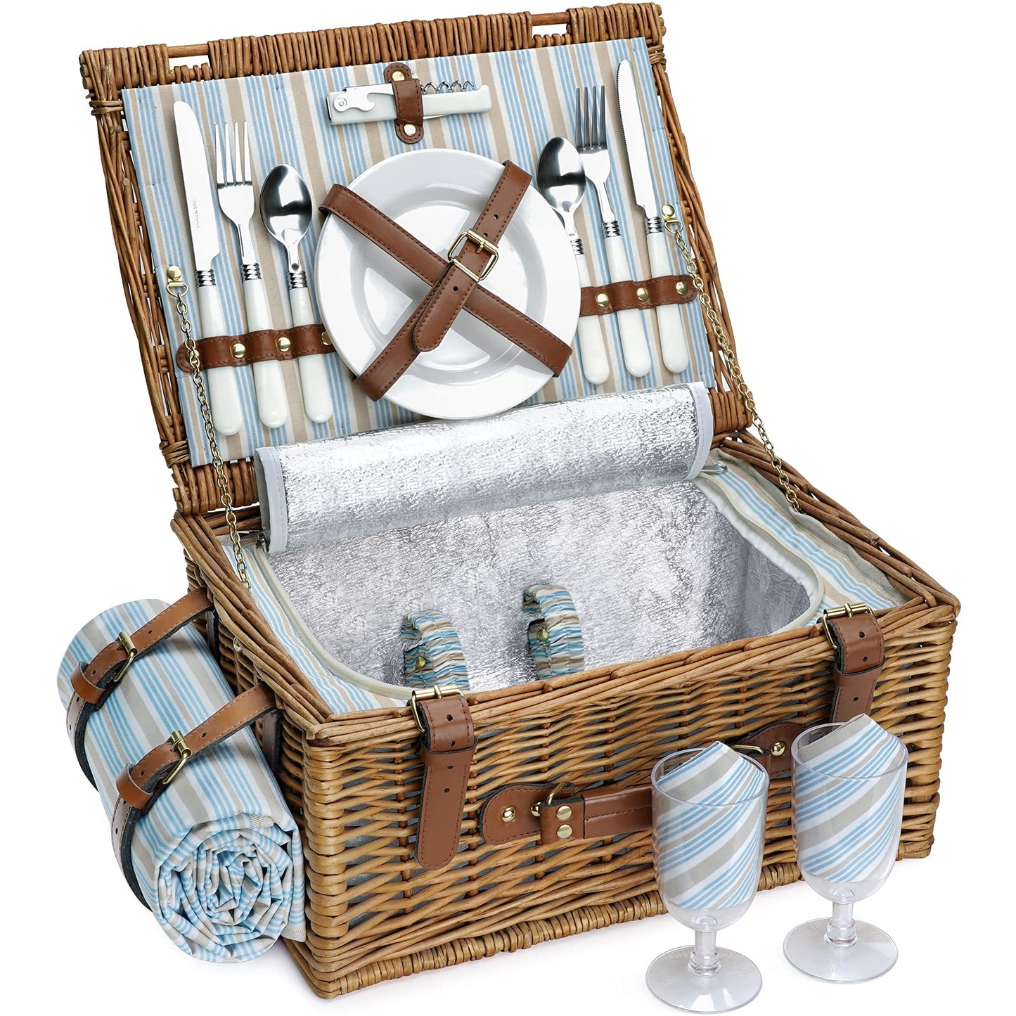 HappyPicnic Wicker Picnic Basket for 4 people, Willow Storage Hamper Service Gift Set for Camping and Outdoor Party (M for 2 Persons)