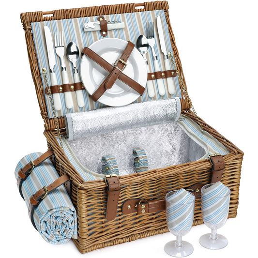 HappyPicnic Wicker Picnic Basket for 4 people, Willow Storage Hamper Service Gift Set for Camping and Outdoor Party (M for 2 Persons)