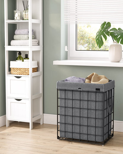 SONGMICS 90L Laundry Basket, foldable laundry hamper, detachable and washable laundry bag, metal wire frame, for bedroom, bathroom, laundry room, black-grey LCB190G01
