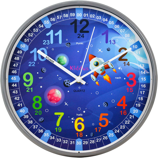 Kiddus Kids Wall Clock, Boys and Girls, Analog Learning Clock with Time Learning Exercises, Kids Clock No Ticking, Children's Room Silent, School, Clock hands English