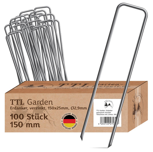 TTL Garden 100x Ground Anchors 150 x 25 x Ø 2.9 mm - galvanized & hardened carbon steel pegs for weed control fabric, garden fleece, fence, bird netting, camping - anti-rust, durable, and rust-free.
