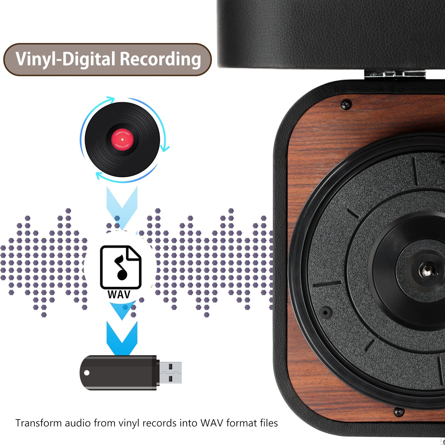 VOKSUN Turntable, portable Bluetooth vinyl record player with integrated stereo speakers, supports vinyl to MP3 recordings (UK, will need a plug adapter from UK to EU)