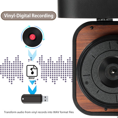 VOKSUN Turntable, portable Bluetooth vinyl record player with integrated stereo speakers, supports vinyl to MP3 recordings (UK, will need a plug adapter from UK to EU)