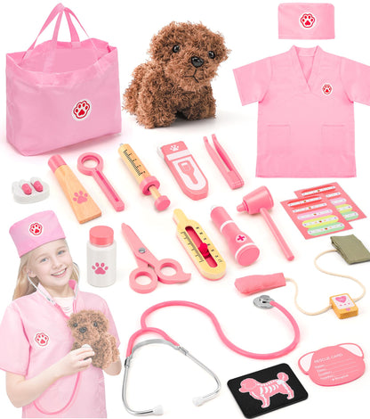 Ophy Kids Wooden Doctor Kit, Vet Toy for Kids with Plush Dog, High Simulation Stethoscope, Role-Playing Kids Vet Playset, Doctor Costume, Birthday Gifts for Girls Boys 3 4 5 6 Years.