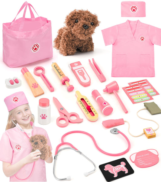 Ophy Kids Wooden Doctor Kit, Vet Toy for Kids with Plush Dog, High Simulation Stethoscope, Role-Playing Kids Vet Playset, Doctor Costume, Birthday Gifts for Girls Boys 3 4 5 6 Years.