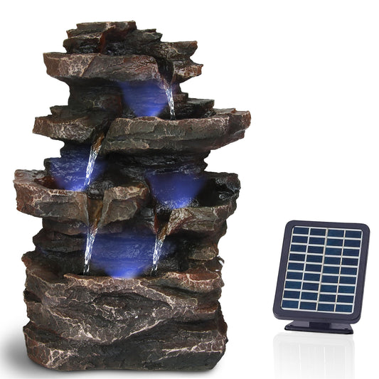 Bloomida garden fountain solar powered for indoor & outdoor with LED lighting - Real waterfall rock fountain vintage garden fountain large for outdoor garden decoration - garden pond decoration bird bath - indoor & outdoor